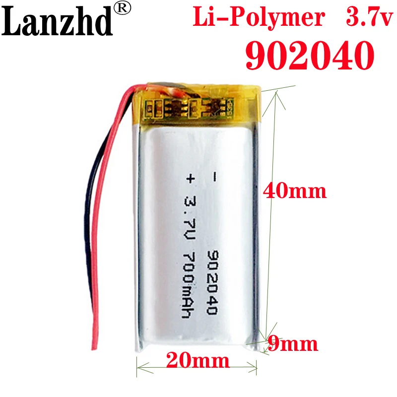 100pcs/ lot  3.7v lithium polymer battery 902040 720mAh lipo batteries thickness 9mm with pcb and wires for MP3 mp4 mp5 battery