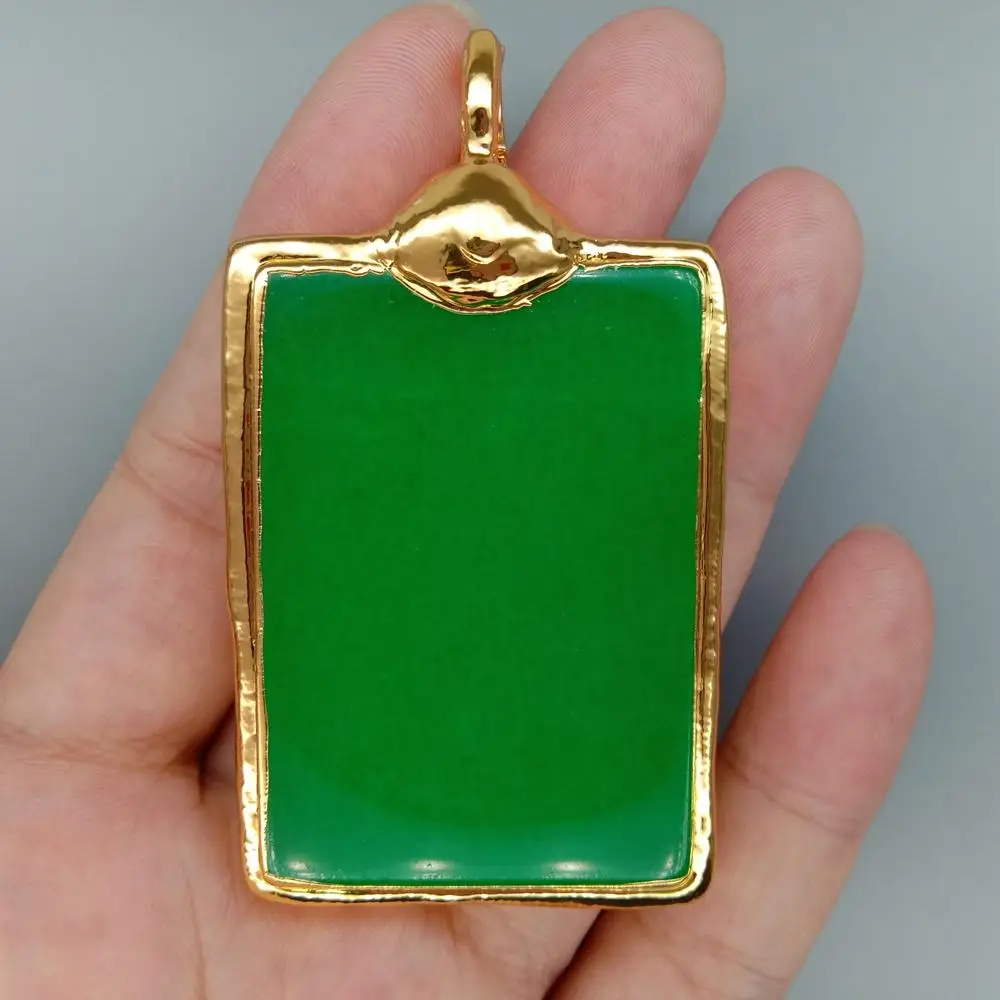 

Rectangle Green Jade Pendant Gold Color Bezel For Jewelry Making Finding 40x70mm