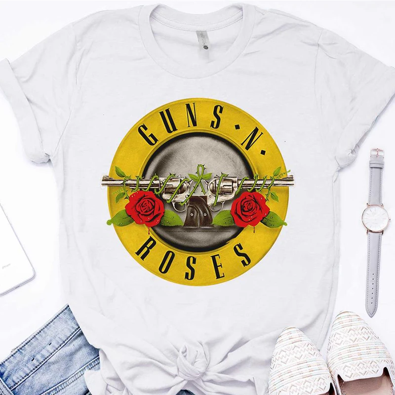 Harajuku Black T Shirt Women GUN N ROSES Print Tshirt Vintage Rock Band Cotton T-shirt Short Sleeve Streetwear Tumblr Top S-3XL