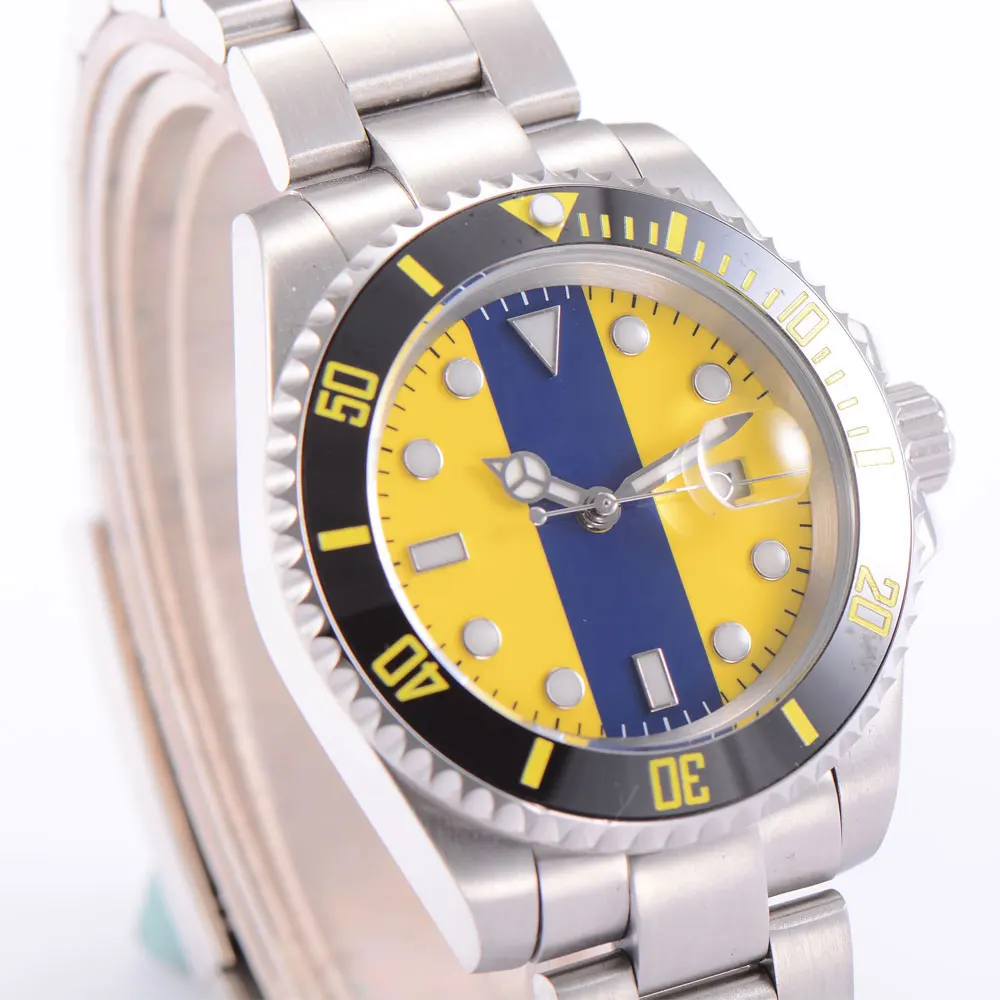 40MM Blue yellow Dial Sapphire Glass Black Ceramic Bezel Date Glass Case Cover MIYOTA 8215 Automatic Men's Wristwatch