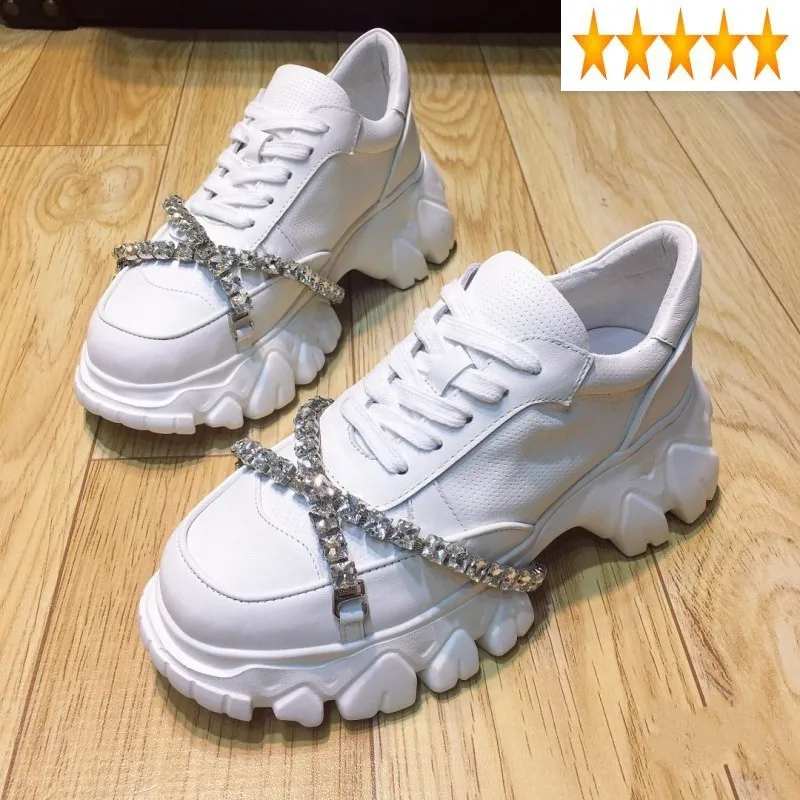 

Leather Real Brand Flat 100% Platform Women Lace Up Rhinestones White Sneakers Street Height Increasing Casual Shoes