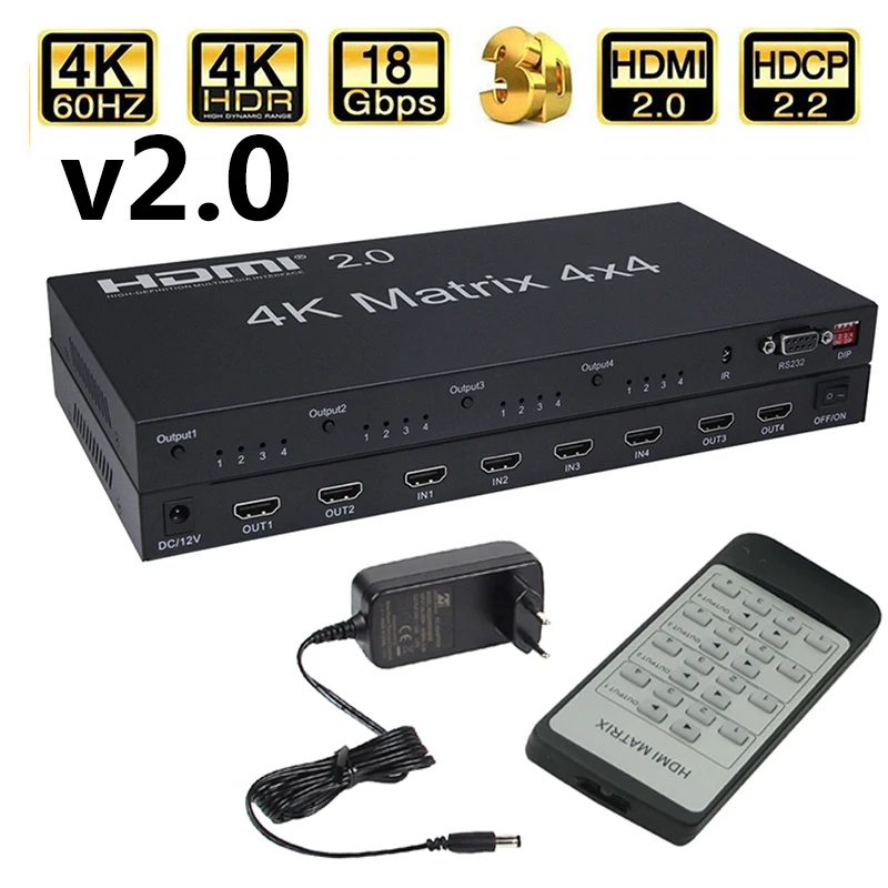 HDMI 2.0 Matrix 4x4 4K@60Hz（RGB/YUV 4：4：4）Switch Splitter 4 in 4 out control through RS232 or IR remote HDMI Switcher