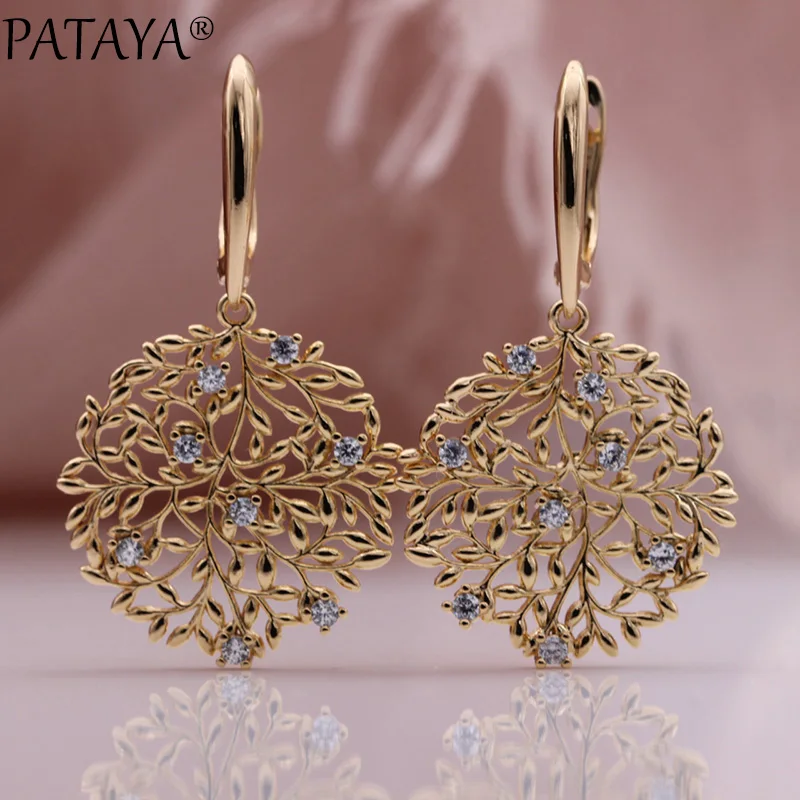 PATAYA New Safe Tree Long Earrings 585 Rose Gold Color Hollow Unique Fashion Jewelry Christmas Gift Natural Zircon Drop Earring