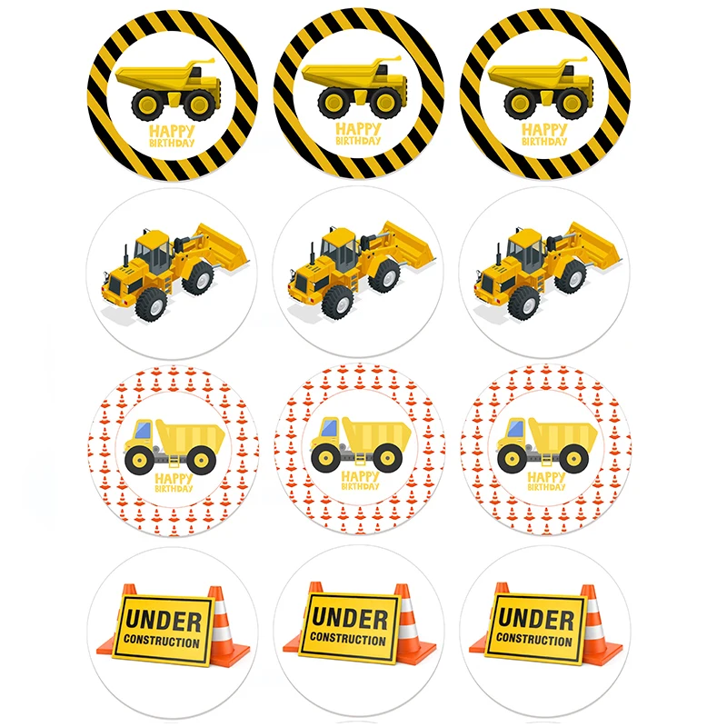 24/48pcs Construction Trucks Party Sticker Excavator Car Gift Box Invitation Labels Boys Birthday Party DIY Decorations Stickers