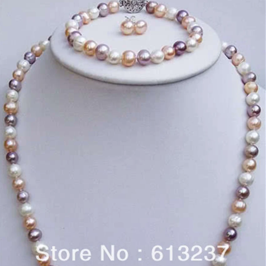 Fashion 100%Pearl 7-8mm natural freshwater cultured round multicolor pearl diy necklaces bracelets earrings sets making 18inch