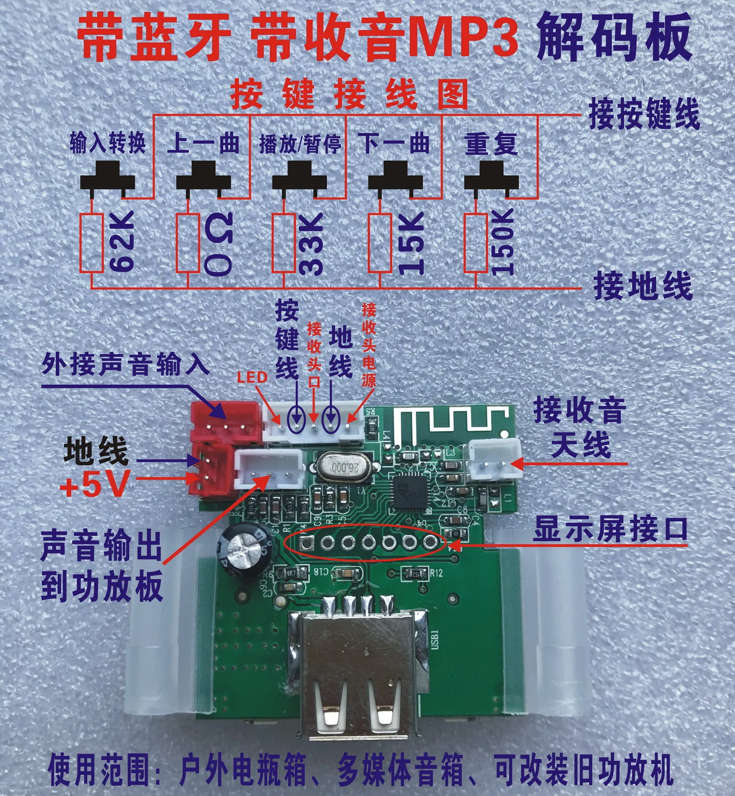 5V with Bluetooth, MP3 Decoding Board with Radio, Square Dance Power Amplifier, Pull Rod Sound, USB SD Card Reader