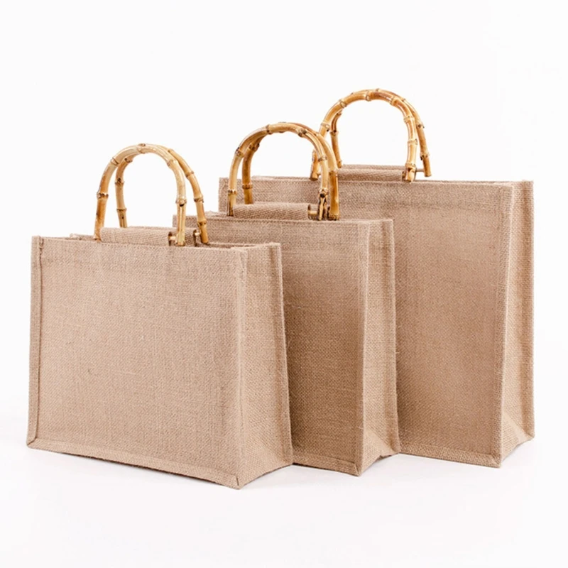 Portable Burlap Jute Shopping Bag Handbag Bamboo Loop Handles Reusable Grocery Bags