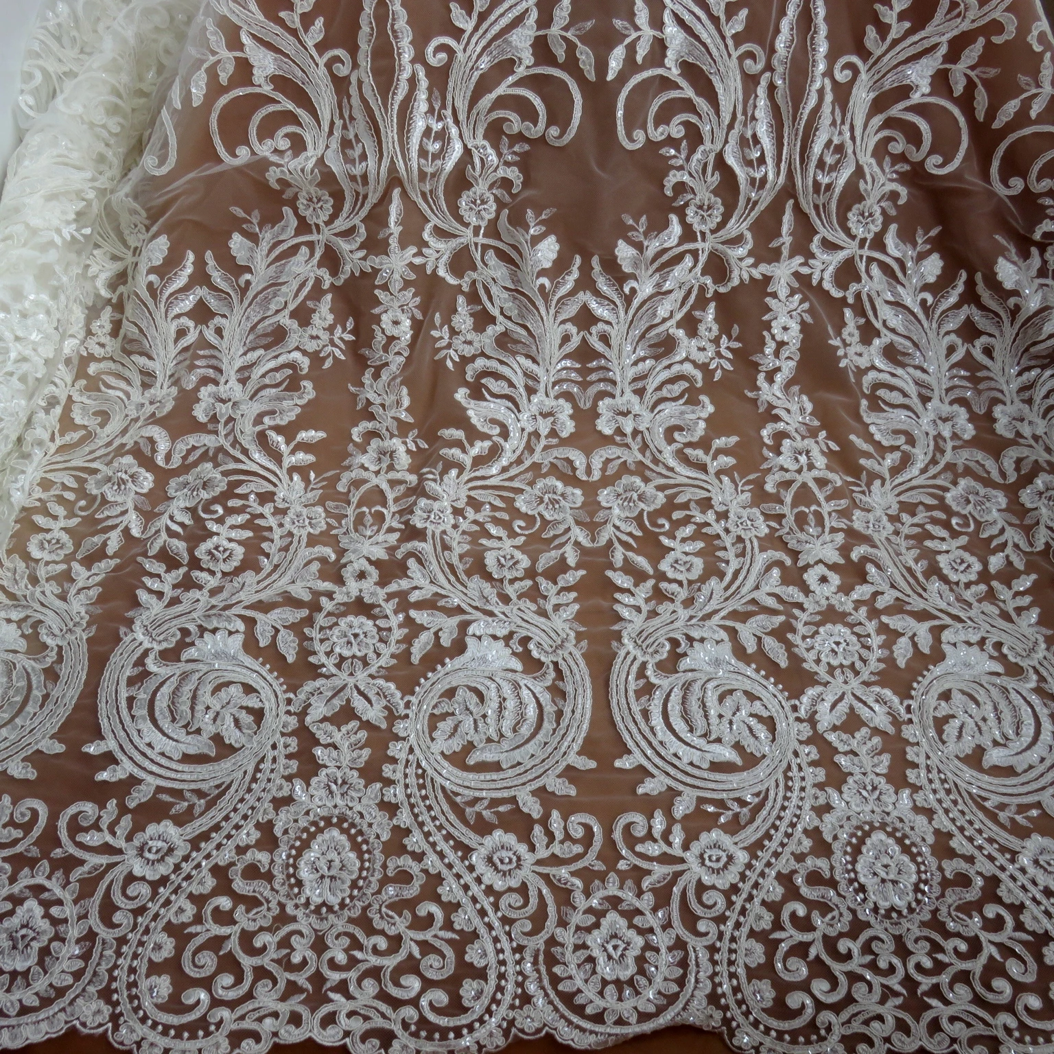 Luxurious wedding lace fabric with sequins Rayon cord embroidery ivory gown dress lace fabric 130cm width sell by yard