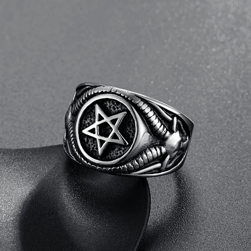 Men Stainless Steel Pentagram Rings Satan Baphomet Goat  Devil Demon Ring Vintage Jewelry Wholesale