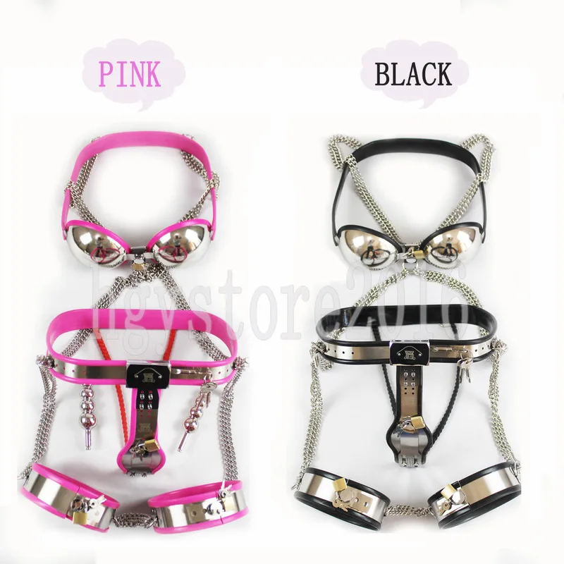 Women's Stainless Steel Chastity Belt Device with Bra Double Thigh Cuffs Constraint Connect The Whole Body  Suit Adjustable