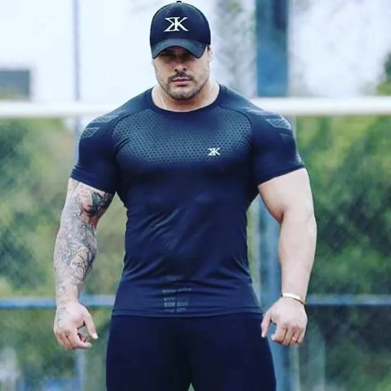 Men Tshirt Bodybuilding Hight Elasticity Quick Dry Muscle Shirts Workout Gym Fitness Mens Casual Exercise Clothing