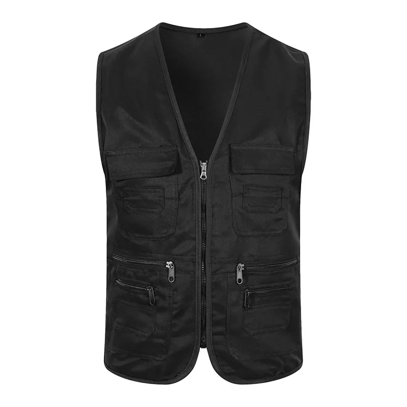 New Vest Men Casual Sleeveless Cargo Jacket Multi Pocket Waistcoat Fashion Outdoor Vest Solid Color Zipper Vests Mens Clothing