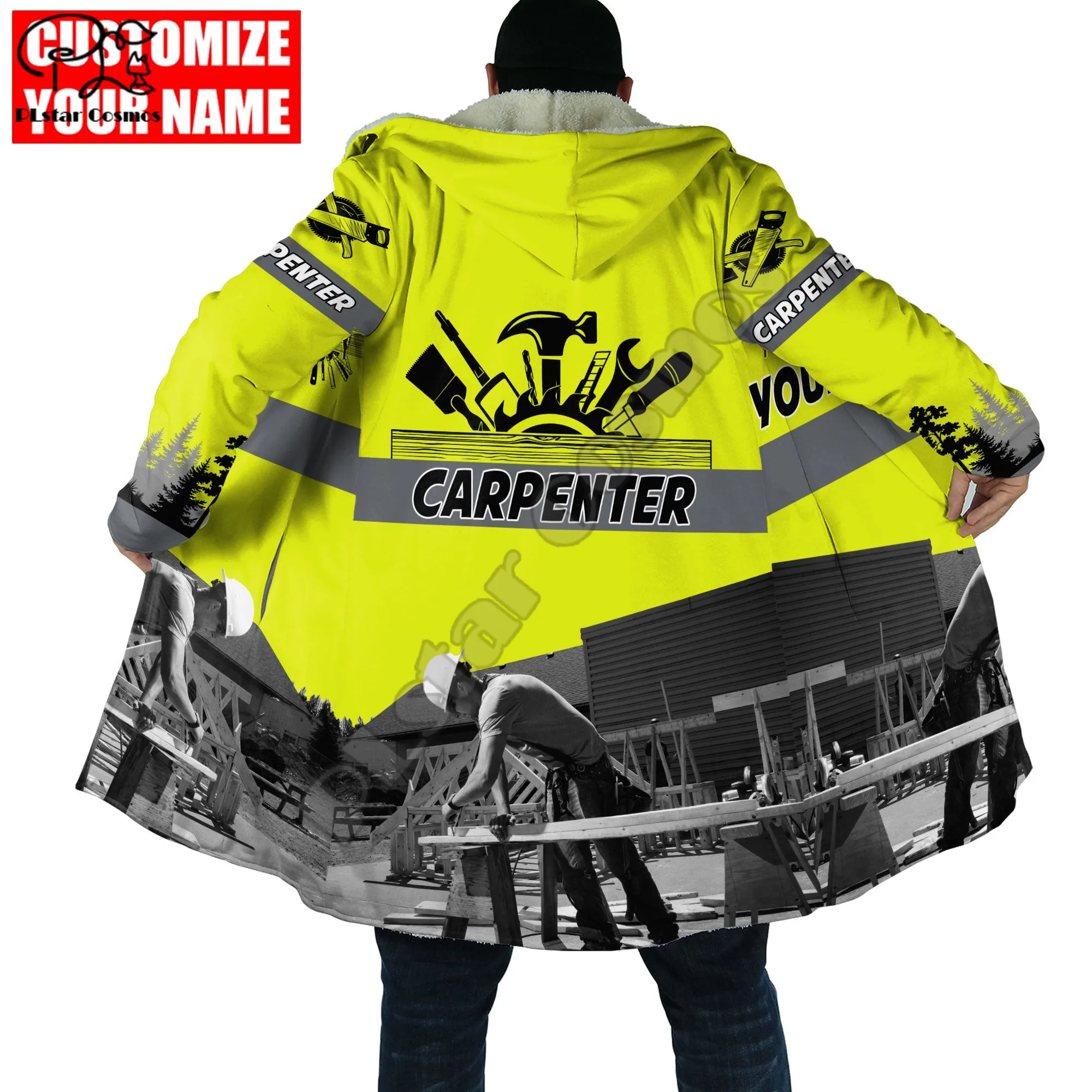 

PLstar Cosmos Carpenter Worker 3D Printed Winter Men/Women Hooded Cloaks Fleece Wind Breaker Unisex Casual Warm Overcoat C40