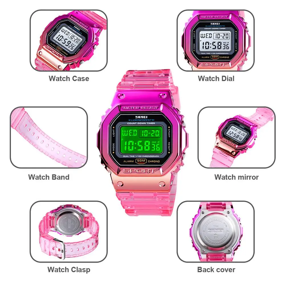 SKMEI Fashion Colorful Watch Men Women Fashion Transparent Sports Wrist Watches Casual Waterproof Cold Light Stopwatch