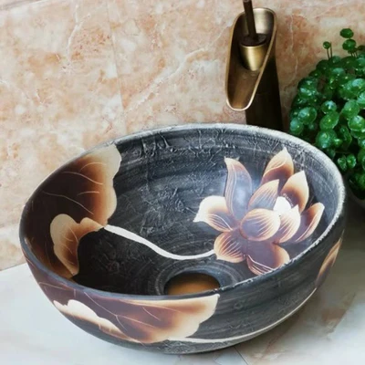 

Bathroom Round Ceramic Vessel Sink Vanity Artistic Basin with Pop up Drain Combo AB253