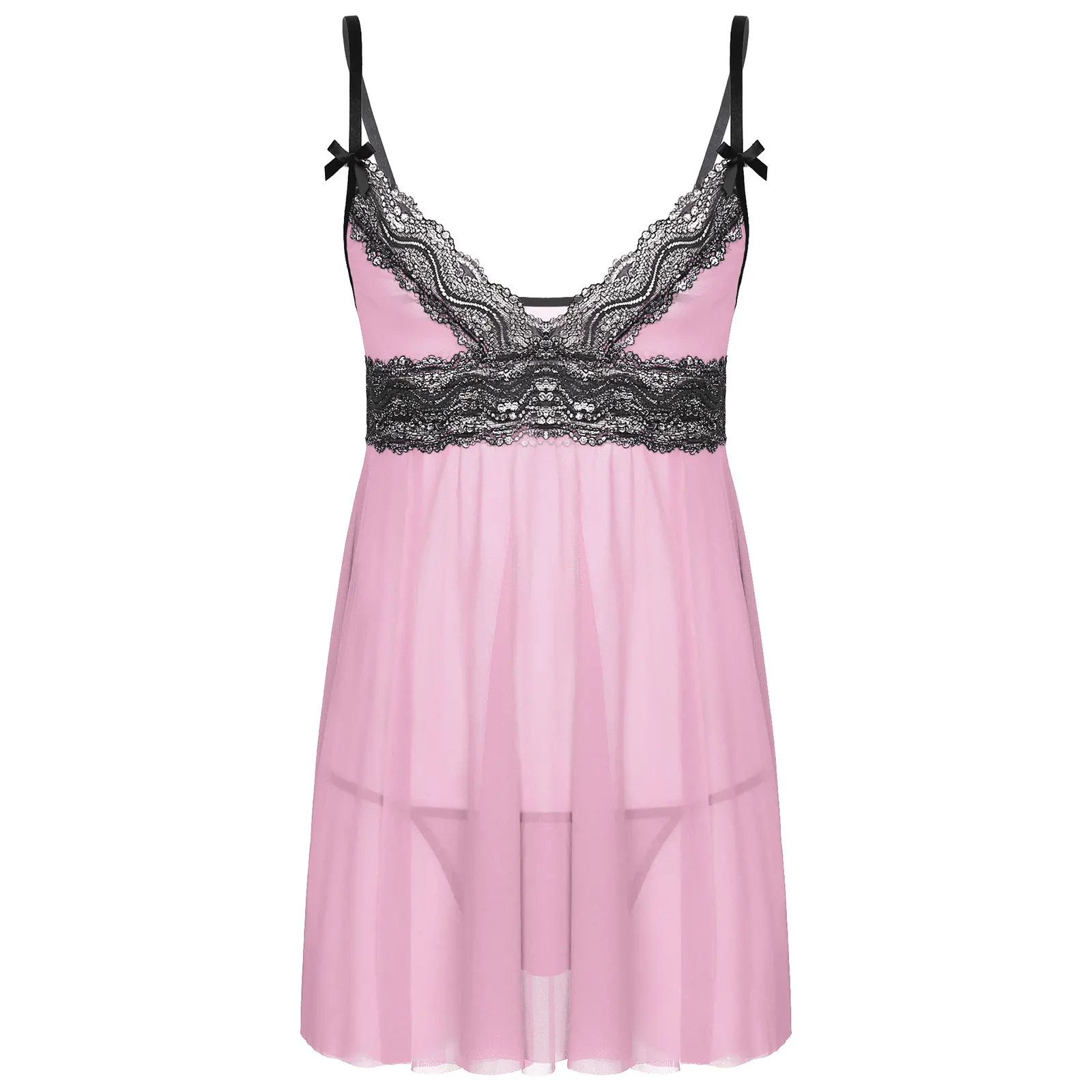 Men's Sissy Lingerie Pajamas Set See Through Lace Deep V Neck Mini Dress with Thong Maid Crossdressing Teddy Chemise Babydoll
