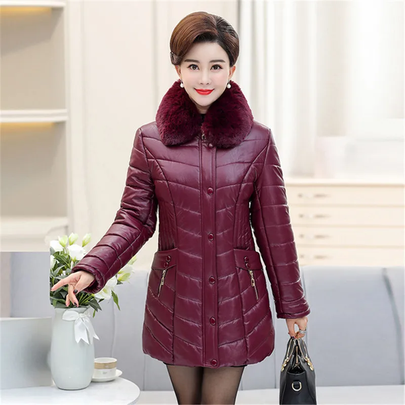 

2023 Fashion PU Leather Jacket Women Coats Winter Cotton Coat Middle-aged Warm Jackets Mid-Long Parker Overcoat Female Outerwear