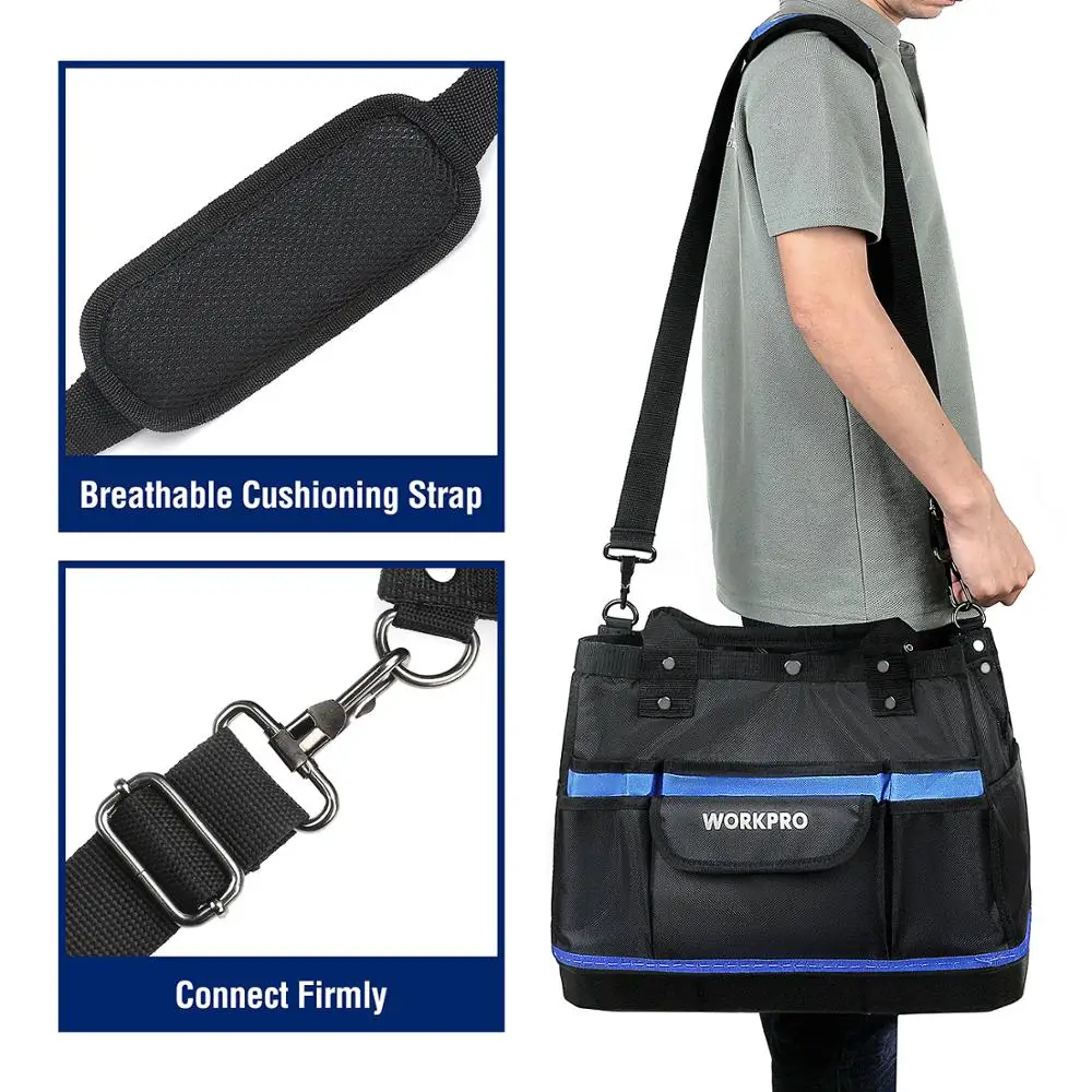 WORKPRO-Bolsa de almacenamiento de herramientas, kit de herramientas de boca ancha de 15 pulgadas, 1680D, impermeable, organizador de herramientas