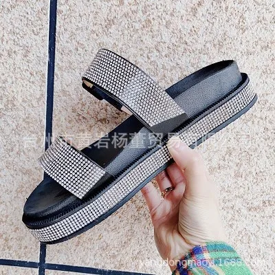 Women Summer Open Toe Comfy Sandals summer woman sandals Rhinestones PU Slip On 1-3CM Flat Toe Round Toe Shallow Comfy Soft