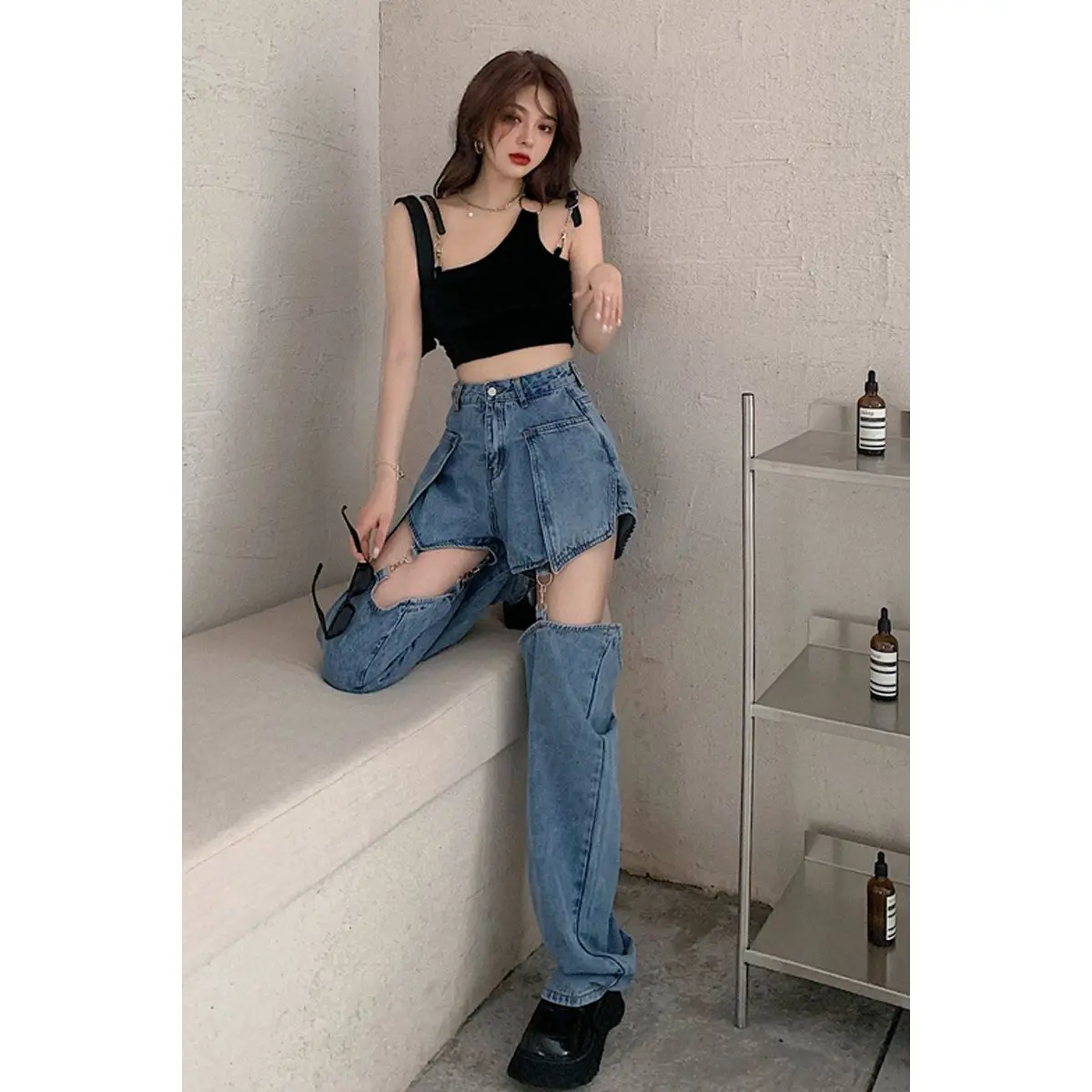 Blau Aushöhlen Denim Shorts Sommer Frauen Hohe Taille Ripped Tassel Kurze Jeans Zerrissene Jeans Harajuku Breit Bein Hose