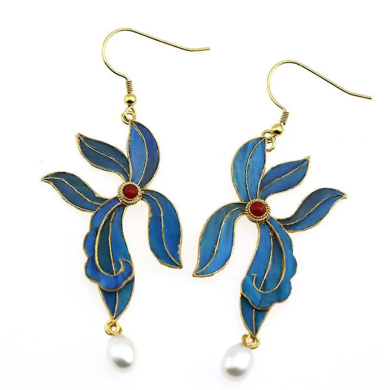 Independent design new enamel porcelain inlaid southern red tourmaline pearl earrings simple Chinese style ladies silver jewelry