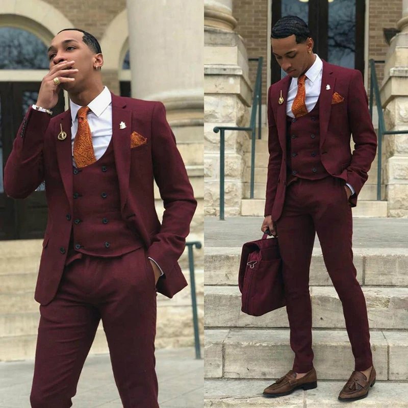 Burgundy Slim Fit Mens Prom Suits Notched Lapel Wedding Suits For Men Tuxedos Three Pieces Blazers Jacket Pants And Vest Terno