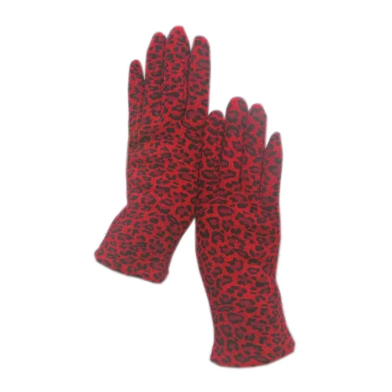 Winter ladies fashion new gloves, red Lycra fabric, leopard print thick velvet material for warmth, driving, cold-proof gloves,