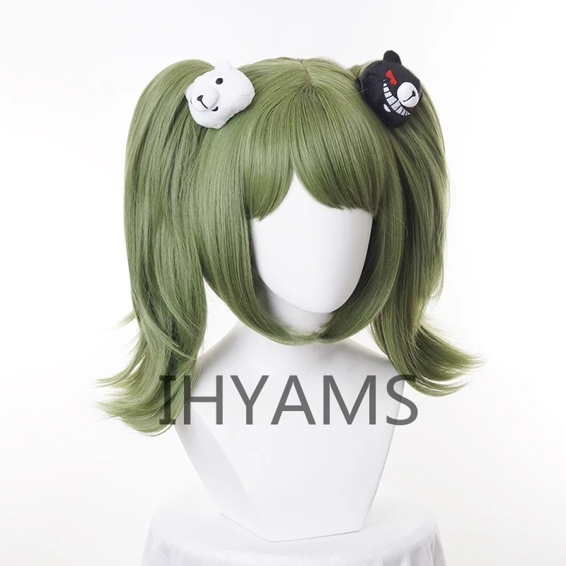 Gioco Danganronpa Cosplay Monaka Monaca Towa Parrucca Dangan Ronpa Verde Resistente Al Calore Capelli Sintetici + Orsi copricapo + berretto parrucca