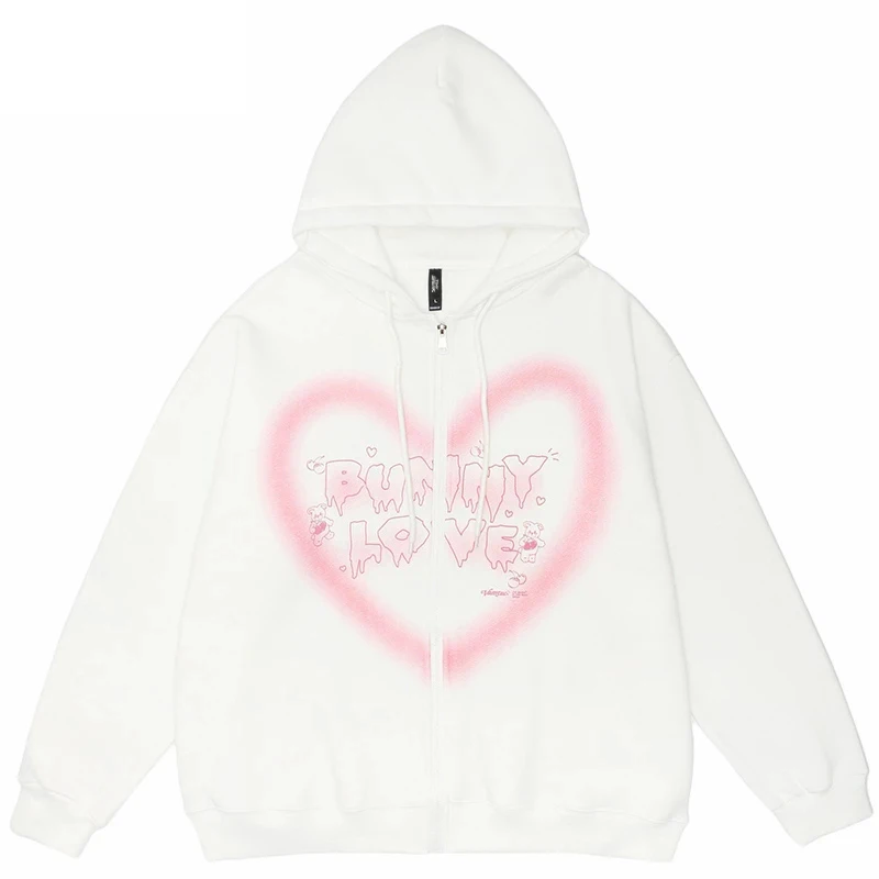 y2k 2021 Women Zip-up Hoodie Hip Hop Streetwear Graffiti Print Heart Letter Bear Print sweatshirt Autumn Harajuku punk E-girl