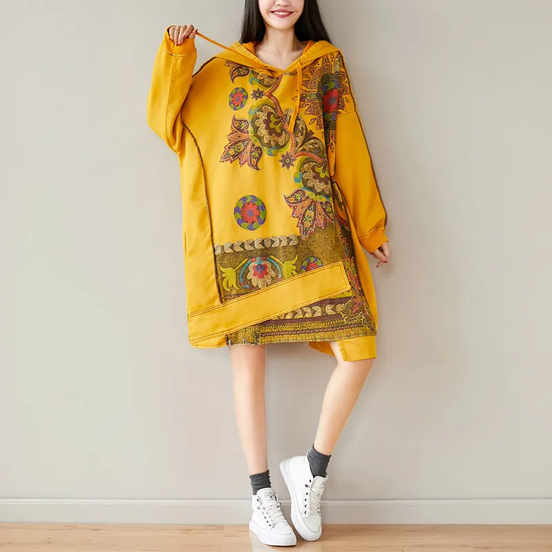 2023 Autumn Women Long Hoodies Cotton Sweatshirt Dress Ladies Print Loose Winter Retro Pullover Batwing Sleeve Basic Coats