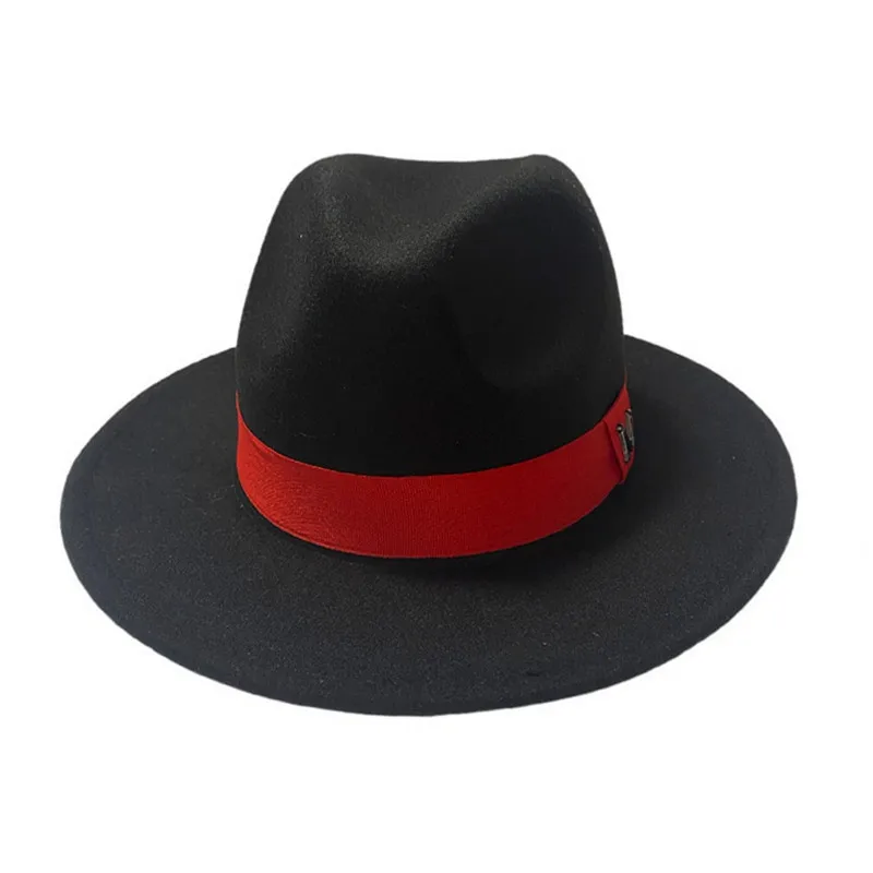 Fashion Outer Black Inner red Wool Felt Jazz Fedora Hats with Thin Belt Buckle Men Women Wide Brim Panama Trilby Cap 56-58CM