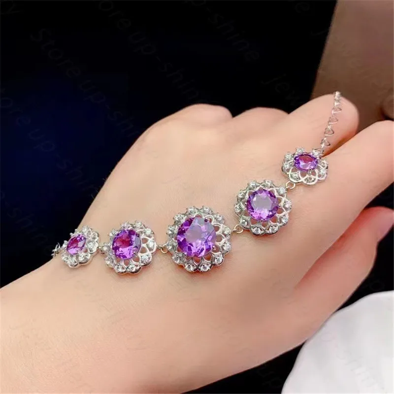 

New style 925 silver inlaid natural amethyst bracelet, women's bracelet, luxurious atmosphere