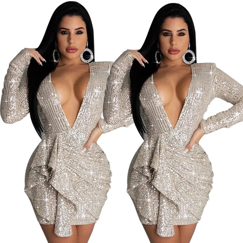 Hot Sale Short Evening Dresses Glitter Sequin Sexy V Neck Long Sleeves Tuxedo Blazer Gowns Girl Fashion Gown Party Wear In Stock