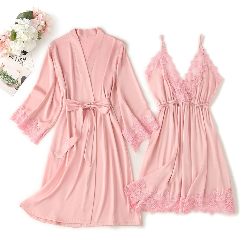 Summer Women 2PCS Rayon Kimono Bathrobe Robe Set Lace Floral Sexy Bride Dressing Gown Sling Nightgown Sleepwear Lounge Home Wear