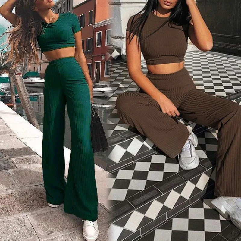 2 Two Piece Set Women Ribbed O Neck Crop Top and Long Pants Set Sexy Autumn Short Sleeve Tracksuit Women Conjunto Feminino 2021