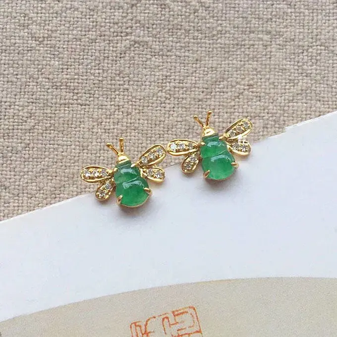 Original new silver inlaid natural chalcedony sweet green gourd bee earrings exquisite fashion all-match ladies accessories