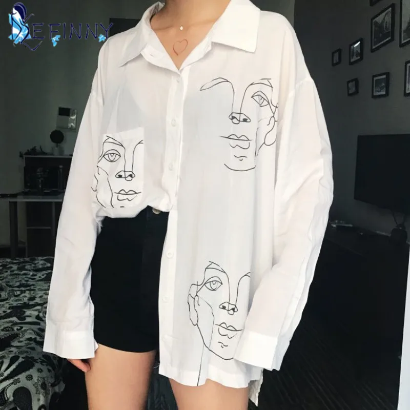 Women\'s Summer Blouse Shirt Cotton Face Printing Full Sleeve Long Shirts Tops Ladies Clothing