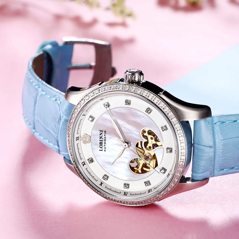 LOBINNI Fashion diamond Design Lady Clock Elegant Women Waterproof Watches Leather Strap Automatic Mechanical Watch