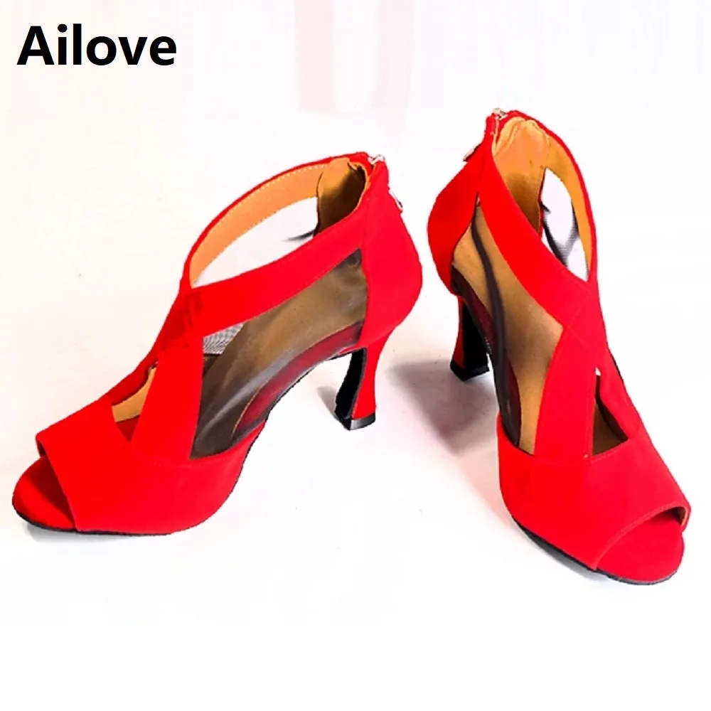 Women Ballroom Party Wedding Dance Shoes Red Latin Salsa Rumba Social Dancing Boots Suede and Mesh ALS045