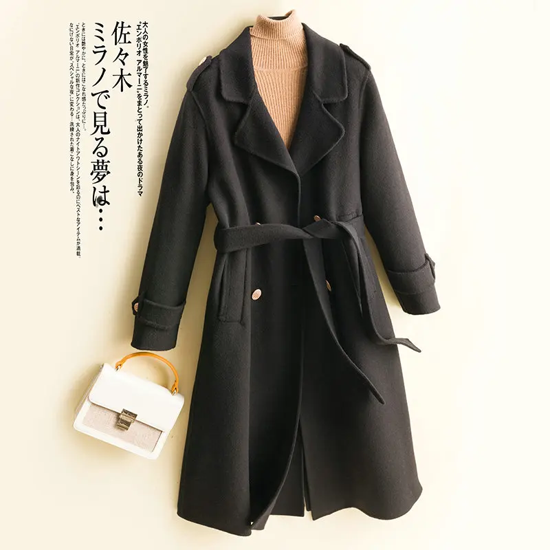 MODERN NEW SAGA 100% Wool Women Coat Autumn Wool Tweed Coat Winter Wool Long Coats Cashmere Overcoat Vintage Belt Oversized Coat