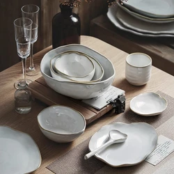 KINGLANG 1/2/4 Person Tableware Set Ceramic Pottery Irregular Dinnerware Set Restaurant Dinner Dish Wholesale Food Salad Plates