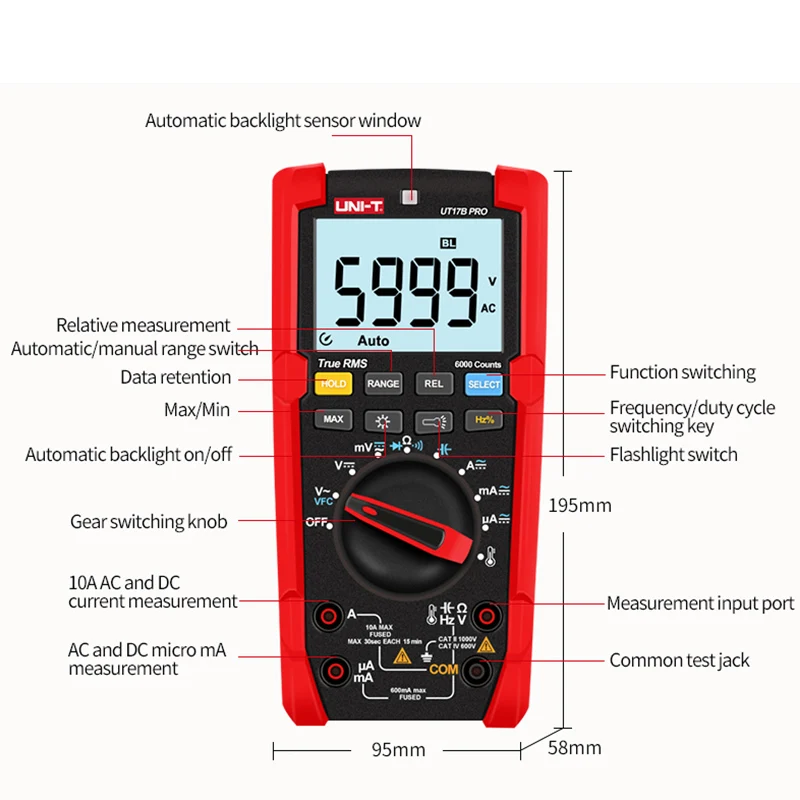 UNI-T UT15B UT17B UT18B Pro True RMS Digital Multimeter Auto Range Tester 60Mohm VFC Hz Capacitor Resistor Meter Anti-burn