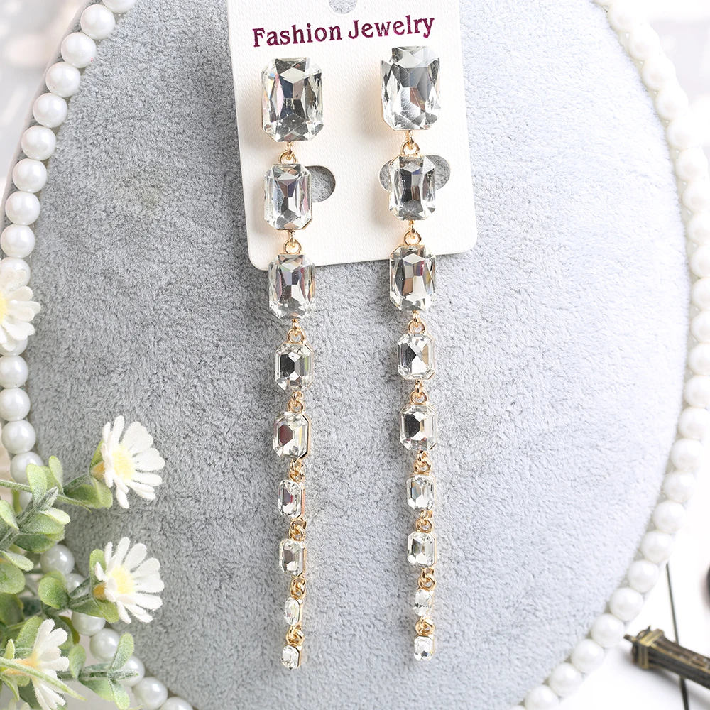 VEYO Square Crystal Long Dangle Earrings for Women Fashion 2019 New ZA Classic Drop Earrings Jewelry