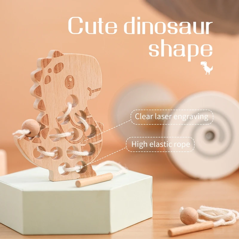 1pc Baby DIY Dinosaur Wooden Stringing Toys Monterssori Threading Lacing Beech Wood Toy Kids Birthdays Gift For Boys Girls Games