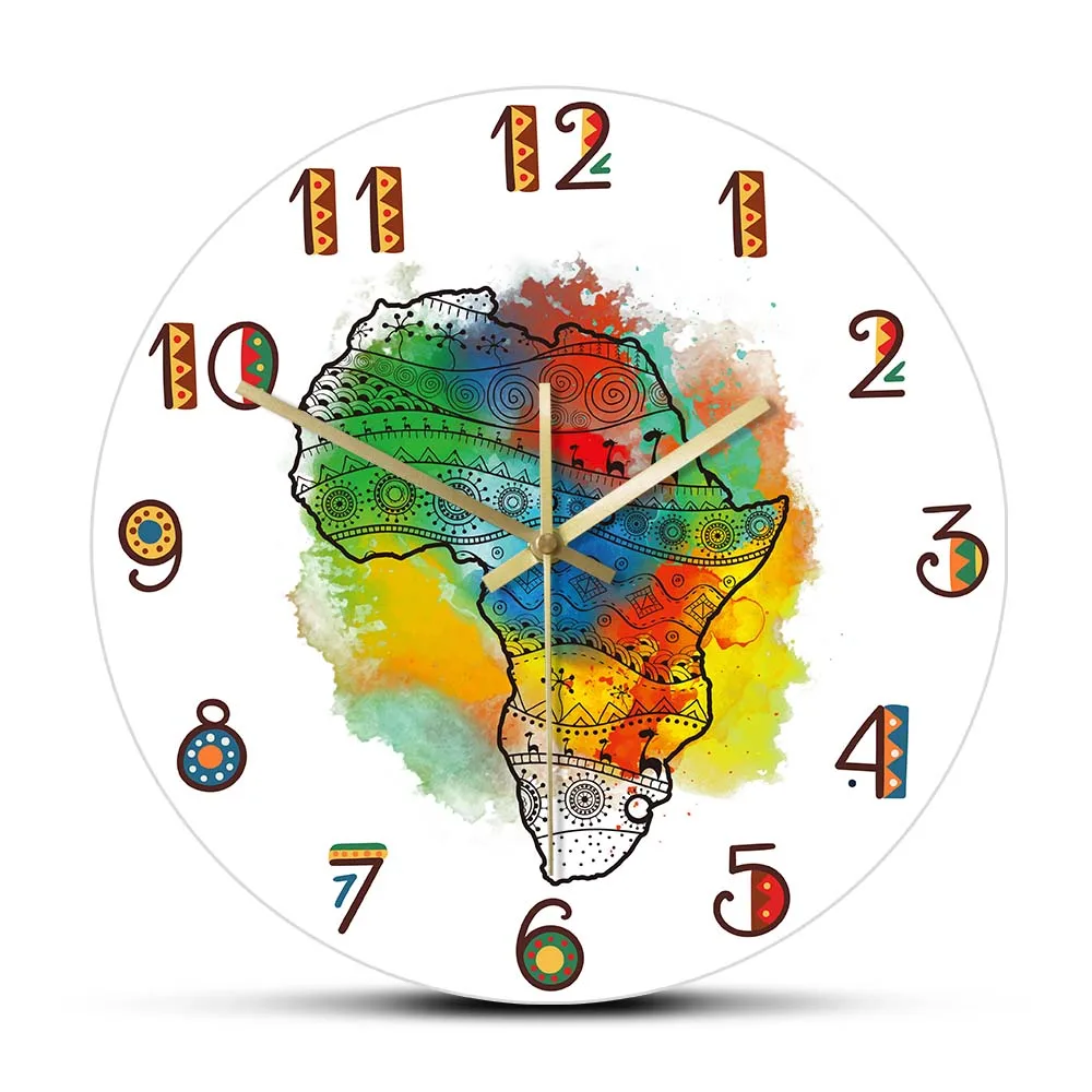 Textured Map Of Africa Wall Clock Modern Design Silent Non Ticking Wall Watch Colorful Tribal Tattoo African Map Art Decor