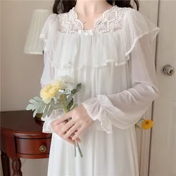 Victorian Vintage White Nightgown Women Nighty Mesh Lace Lolita Night Dress Princess Peignoir Robe Women's Sleepwear Lounge Wear