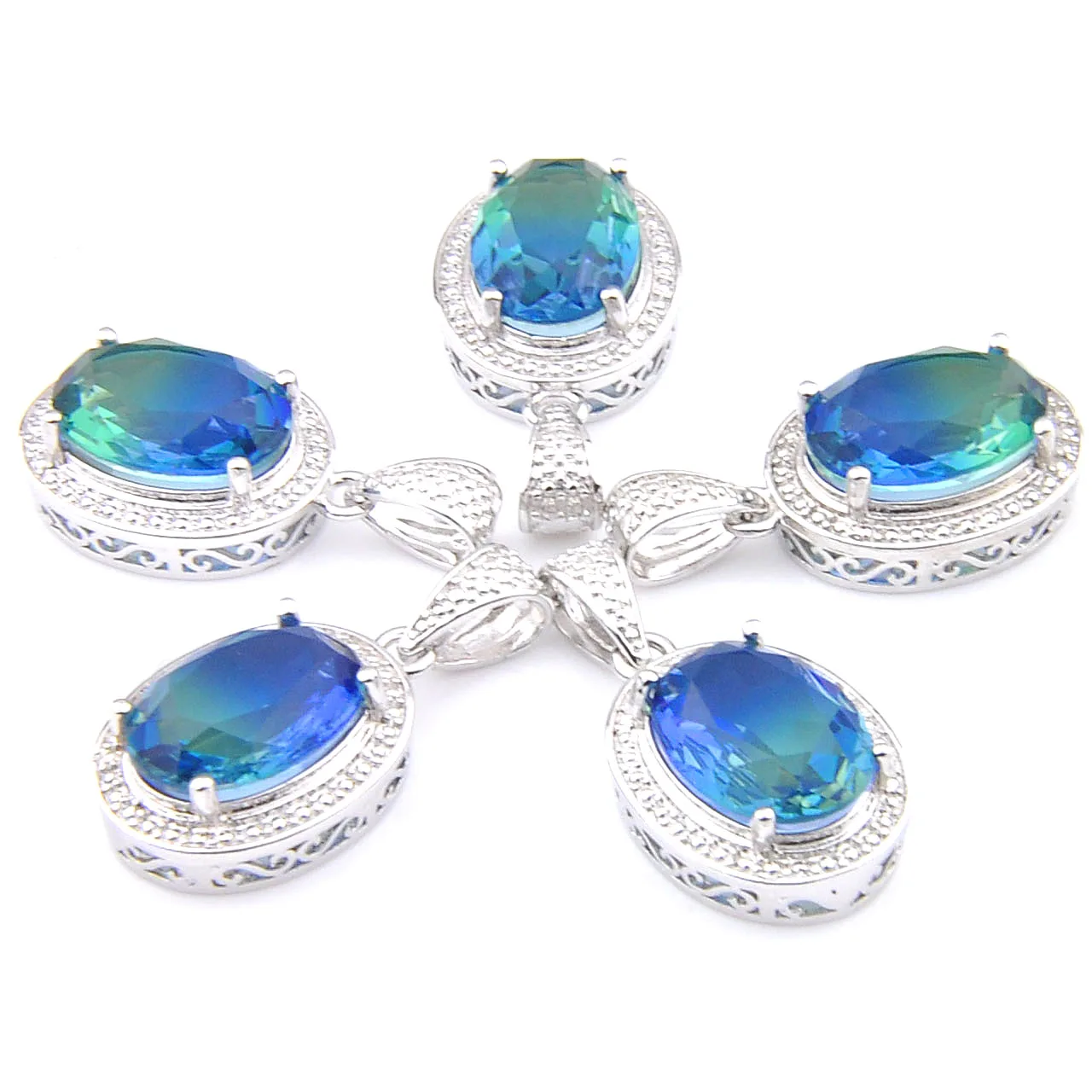 

MIX 5 PCS Xmas Gifts Big Offer Shine Oval Cut Blue Bi-Colored Tourmaline Silver Necklaces Pendants for Holiday Party Gifts