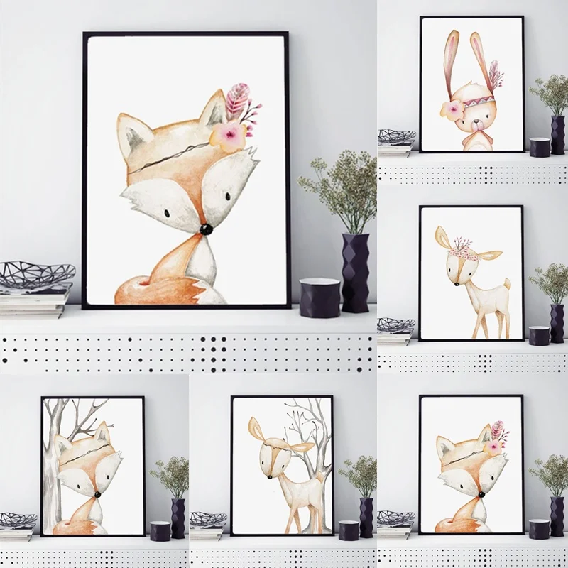 Cartoon Rabbit Poster Fox Deer Paintings Nursery Decor Wall Art Canvas Painting Lovely Animal Picture Kid Child Baby Room Decor
