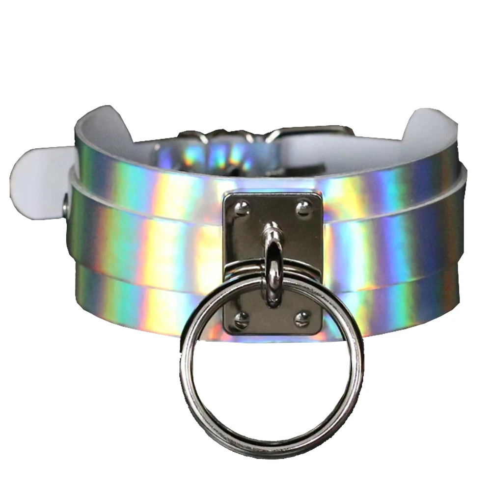 Personality punk exaggerated laser glowing neck big O round metal BDSM slave-sex slave collar choker