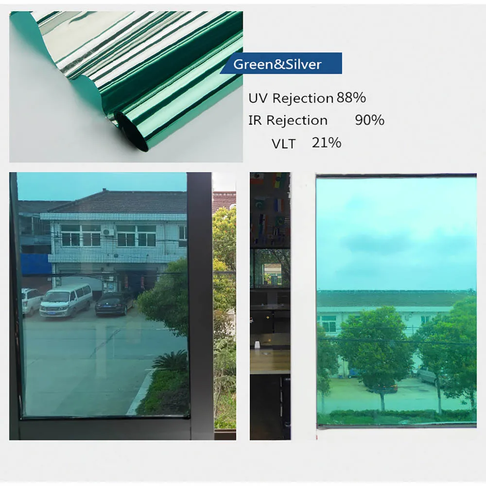 HOHOFILM Green&Silver Mirrored Window Film Reflective Window Tint House Decor Multi-size Privacy great color PET